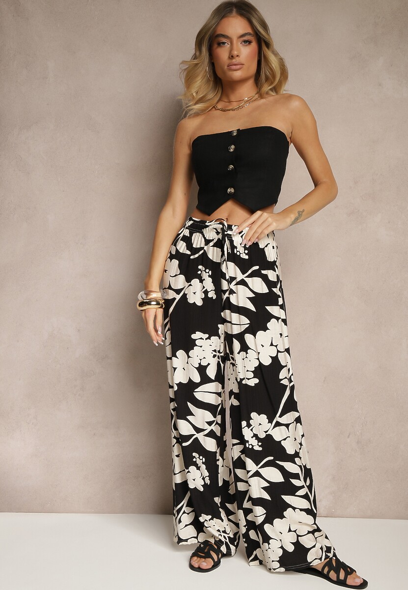 Niebieskie Szerokie Spodnie z Wiskozy High Waist w Kwiatowy Wzór Elaneora