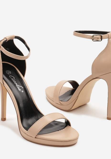 Beżowe Sandały na Szpilce  z Paskiem wokół Kostki i Sprzączką Silirea