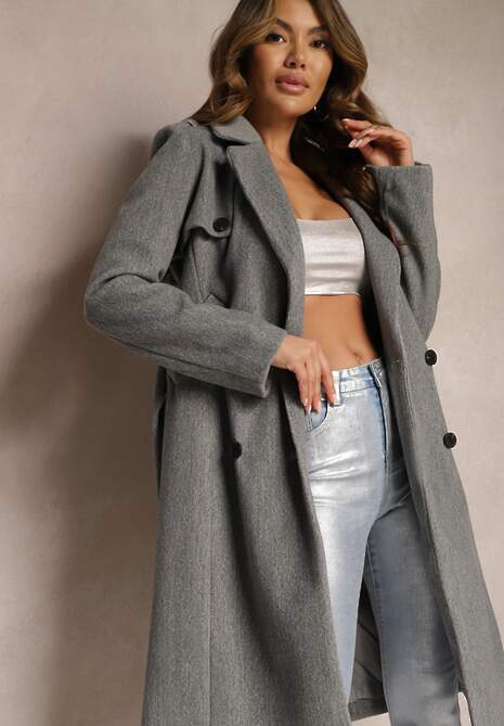 Szary Dwurzędowy Płaszcz z Wiskozy z Paskiem w Talii Beluna