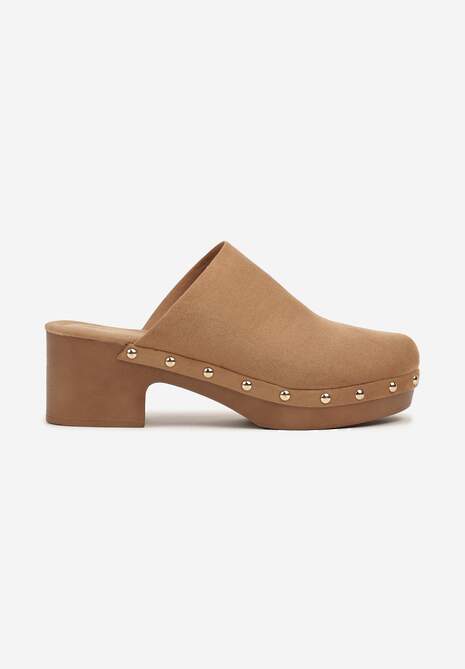 Brązowe Klapki Drewniaki Typu Mule na Słupku Zdobione Nitami Hlerra