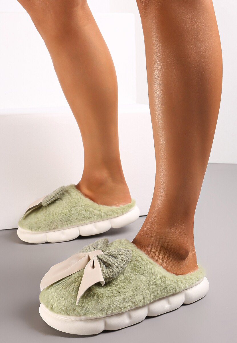 Zielone Futrzane Kapcie Zimowe Ozdobione Kokardką Saceta