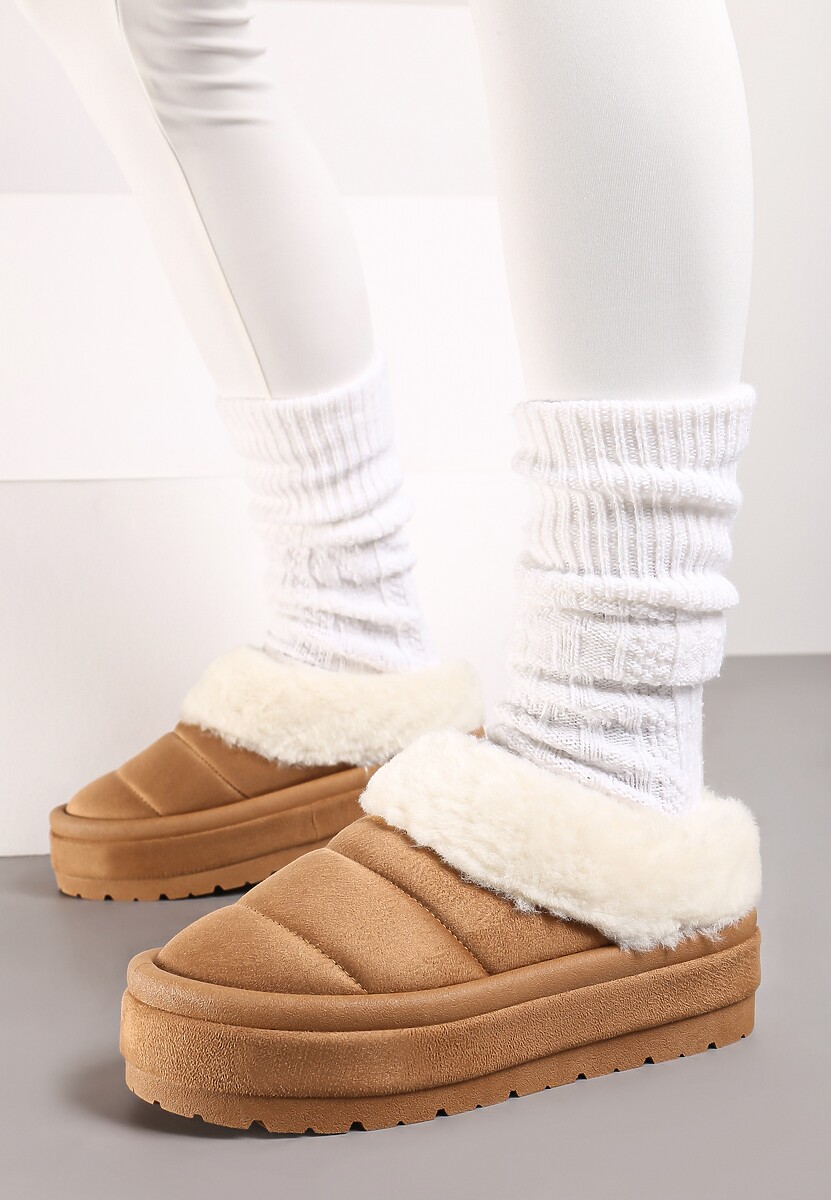 Jasnobrązowe Wsuwane Śniegowce na Platformie Ozdobione Futerkiem Sinthiana