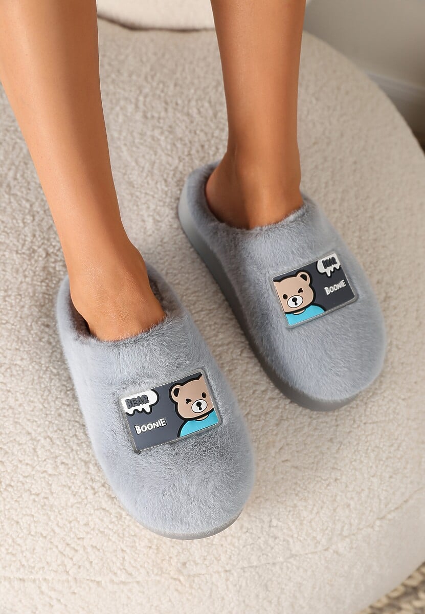 Szare Futrzane Kapcie Vices na Platformie Ozdobione Naszywką Deofra