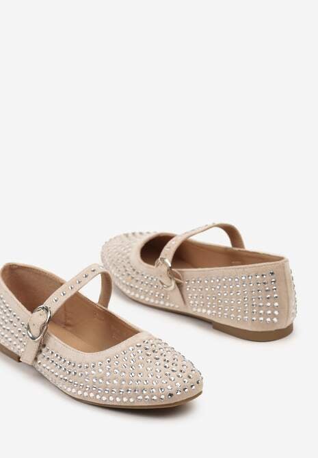 Beżowe Balerinki na Płaskiej Podeszwie Ozdobione Cyrkoniami i Regulowanym Paskem Nenivia