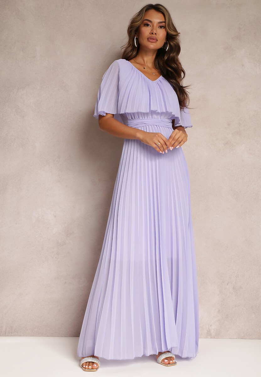 Fioletowa Plisowana Sukienka z Gumką w Pasie z Falbaną Przy Dekolcie Drenia