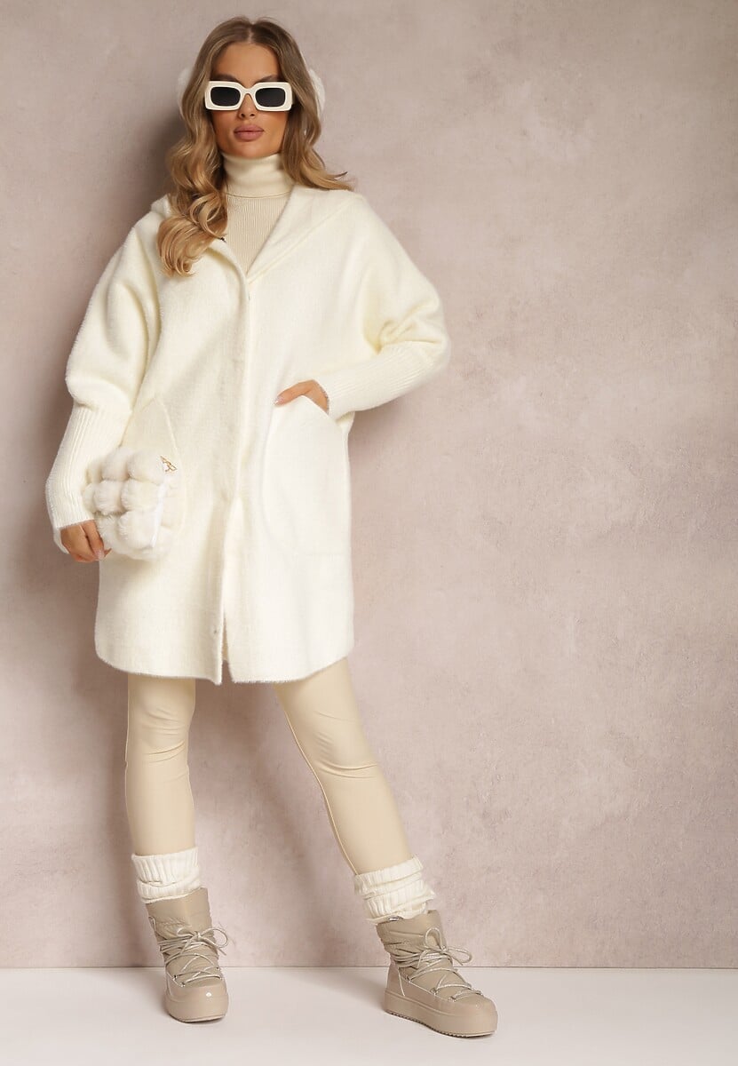 Jasnobeżowy Płaszcz Wełniany z Alpaką Oversize Długi z Kapturem Ortylia