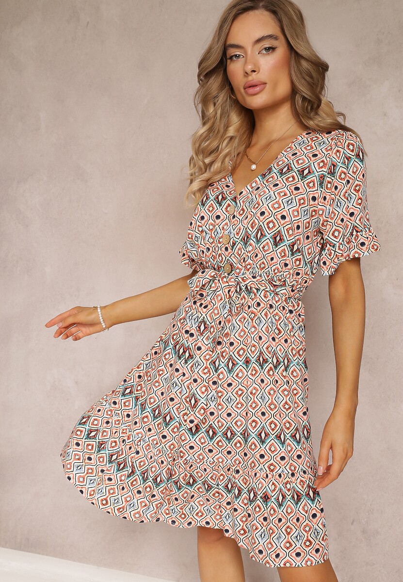 Niebieska Sukienka Mini z Gumką w Pasie i Falbanką z Wiskozy Ellison