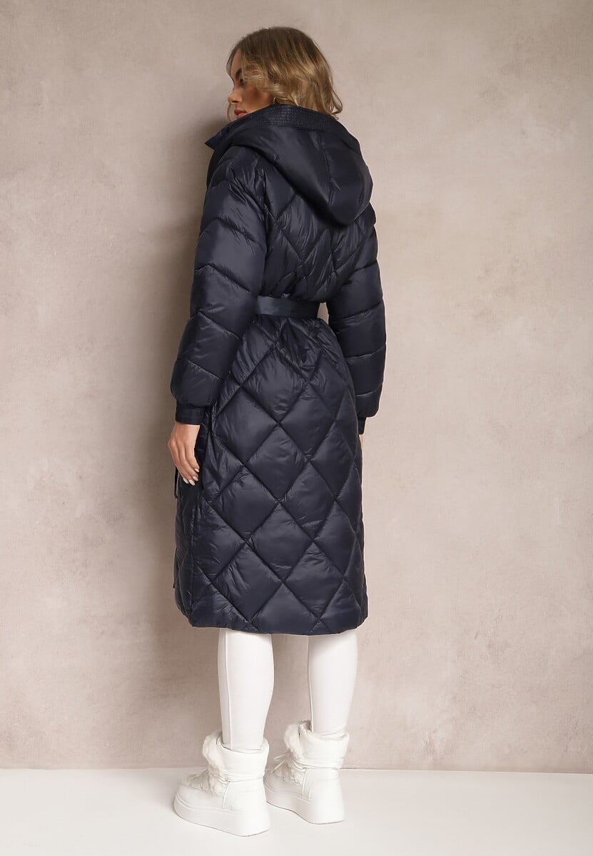 Granatowa Kurtka za Kolano Pikowana z Wiązanym Paskiem Cealia