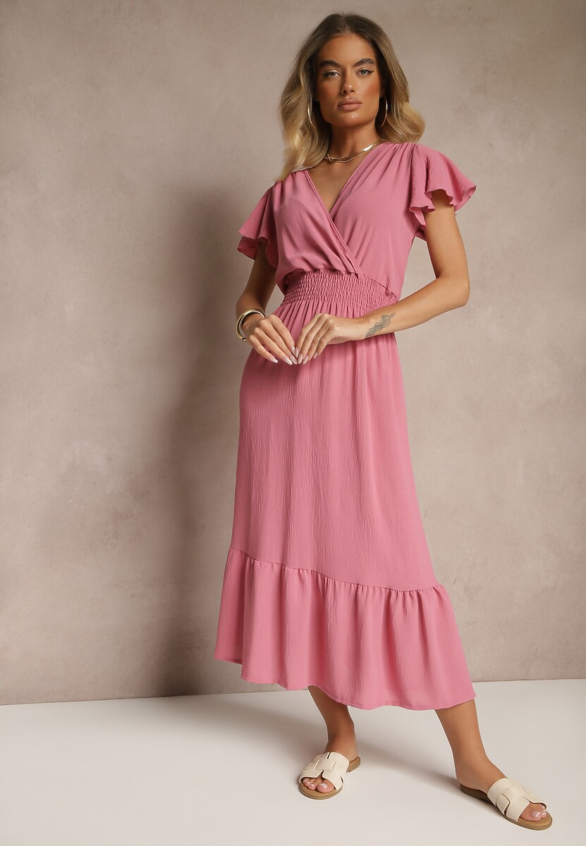 Różowa Kopertowa Sukienka o Rozkloszowanym Fasonie z Gumką w Talii Reivione