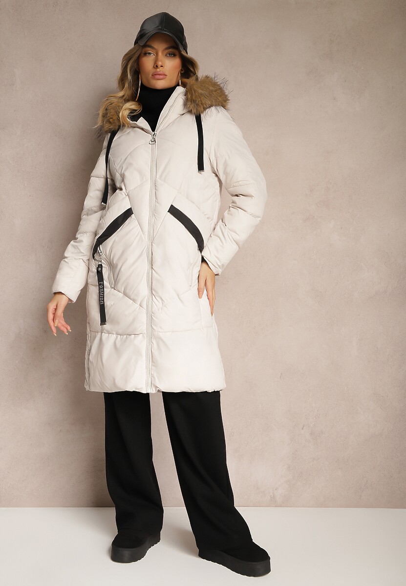 Czarna Kurtka z Pikowanym Przeszyciem Odpinanym Futrem przy Kapturze i Napami u Dołu Zemirya