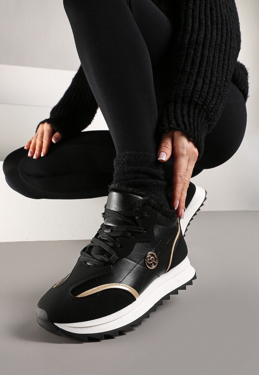 Czarne Ocieplane Sneakersy na Grubej Podeszwie Bellora