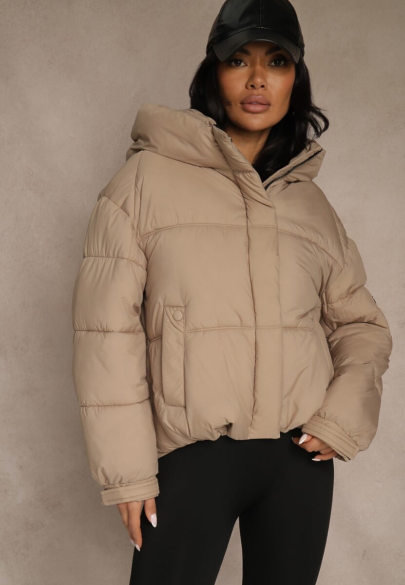 Beżowa Kurtka Puffer z Pikowaniem Kapturem i Kieszonką przy Rękawie Galeida