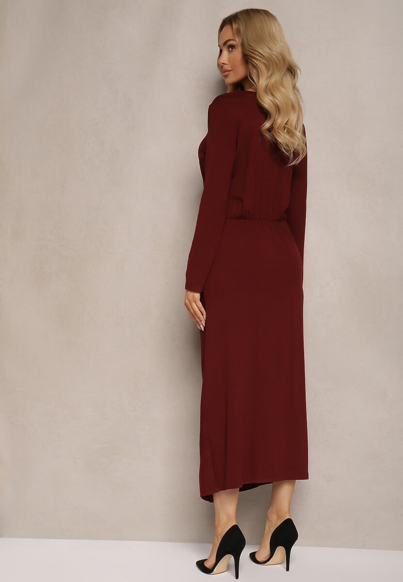 Bordowa Sukienka z Ozdobnym Wycięciem i Wiązaniem Zeiini