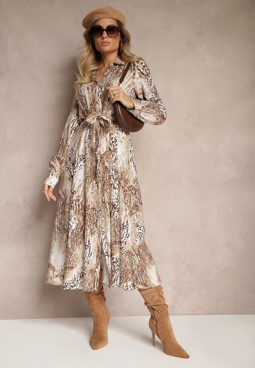 Brązowa Wiskozowa Sukienka o Kroju Koszulowym z Krokodylowym Wzorem i Paskiem Daivanna