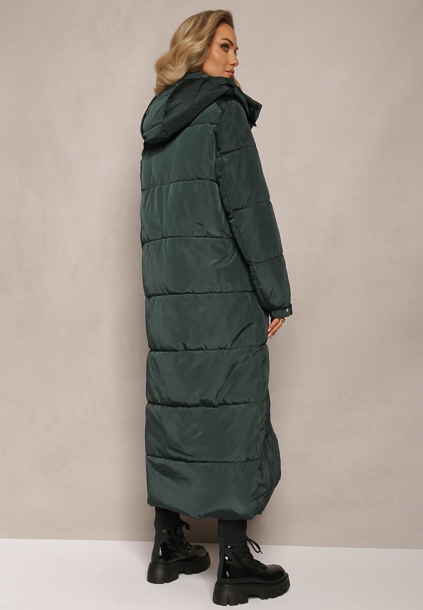 Ciemnozielona Długa Kurtka Płaszcz z Pikowaniem i Odpinanym Kapturem Mystaris