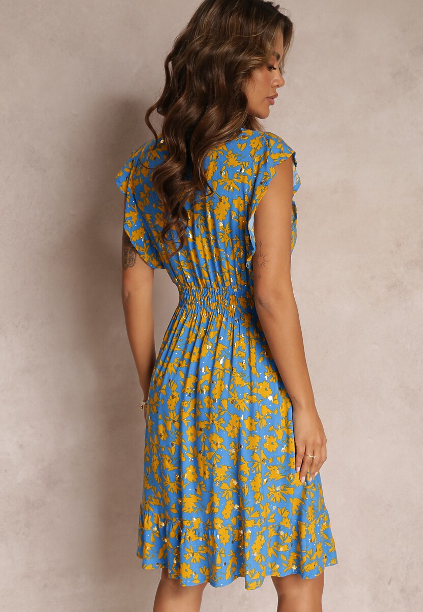 Niebieska Wiskozowa Sukienka o Rozkloszowanym fasonie z Metalicznym Nadrukiem Aurasana