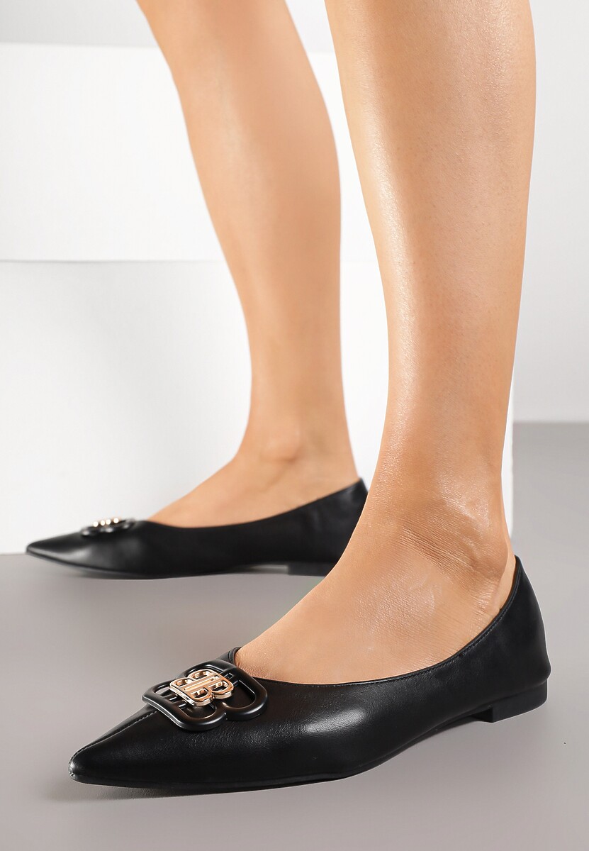 Czarne Balerinki ze Szpiczastym Noskiem Zdobione Aplikacją Nalamira