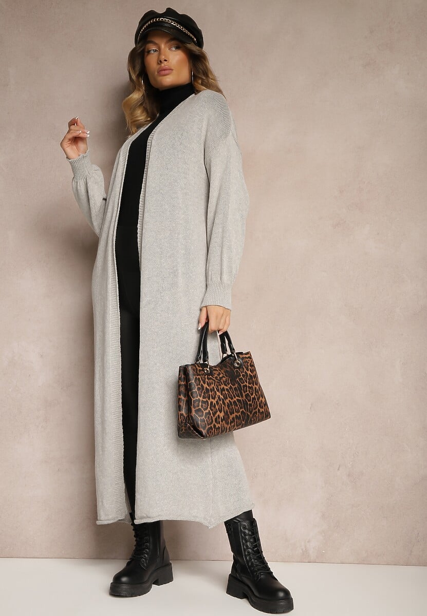 Szary Jednolity Kardigan o Przedłużonym Kroju ze Ściągaczami Terrin