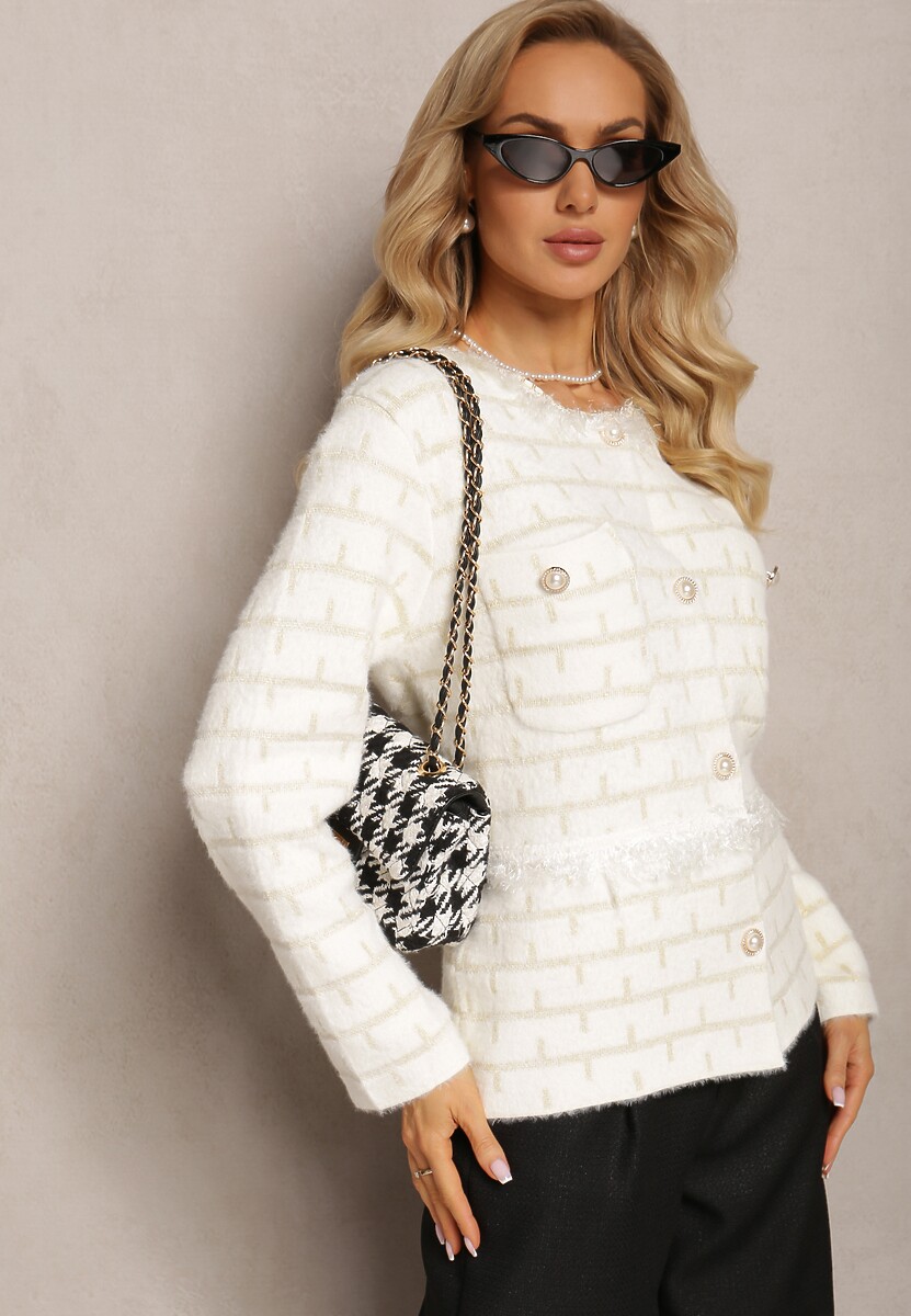 Biało-Beżowy Zapinany Kardigan z Wiskozy i Metaliczną Nitką Kurisa