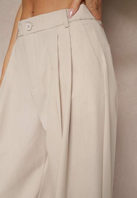 Jasnobeżowe Garniturowe Spodnie z Wiskozą o Szerokim Kroju z Zakładkami Galaniel