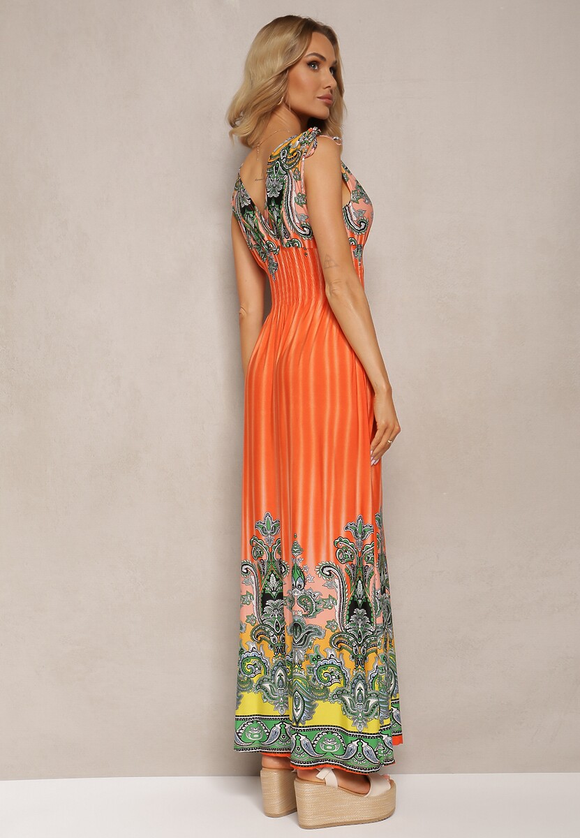 Pomarańczowa Rozkloszowana Sukienka z Trójkątnym Dekoltem i Ściągaczami w Ramionach Aneapmia