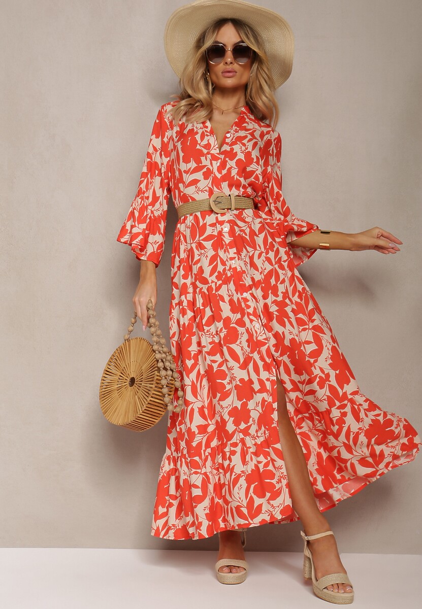 Czerwona Rozkloszowana Sukienka Maxi na Guziki z Abstrakcyjnym Wzorem Uvellia