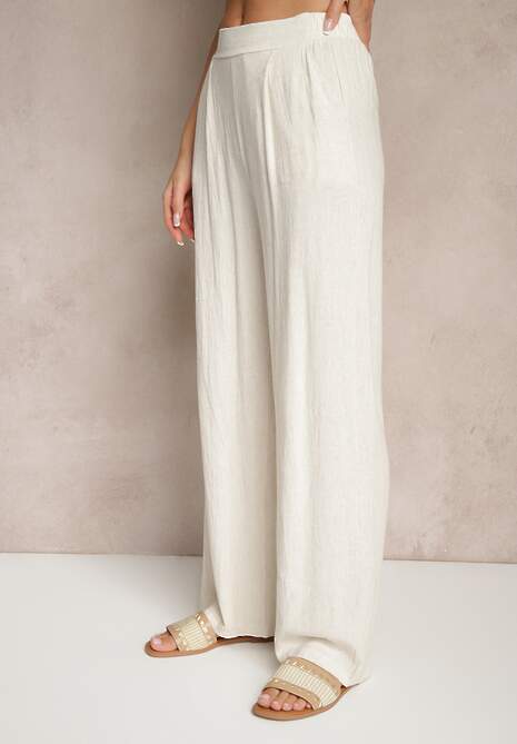 Beżowe Spodnie z Lnem i Bawełną o Szerokim Kroju High Waist Sallieta