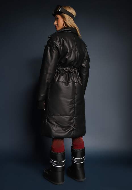 Czarny Płaszcz z Imitacji Skóry z Wiązanym Paskiem Tosha