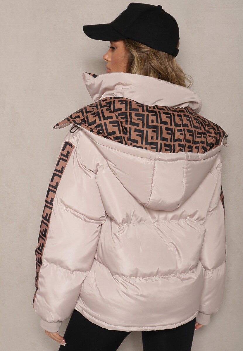 Beżowa Casualowa Kurtka Dwustronna Typu Puffer ze Ściągaczami i Kapturem Erisalanne