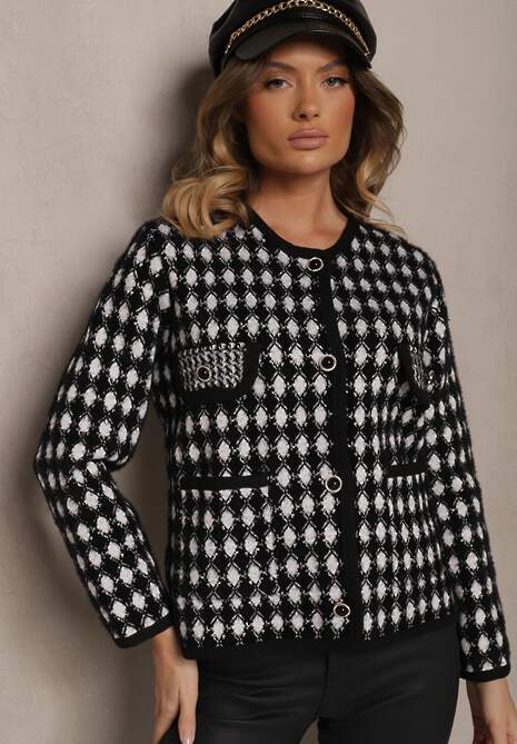 Czarny Wiskozowy Kardigan Ozdobiony Wzorem w Pepitkę i Guzikami Saveri