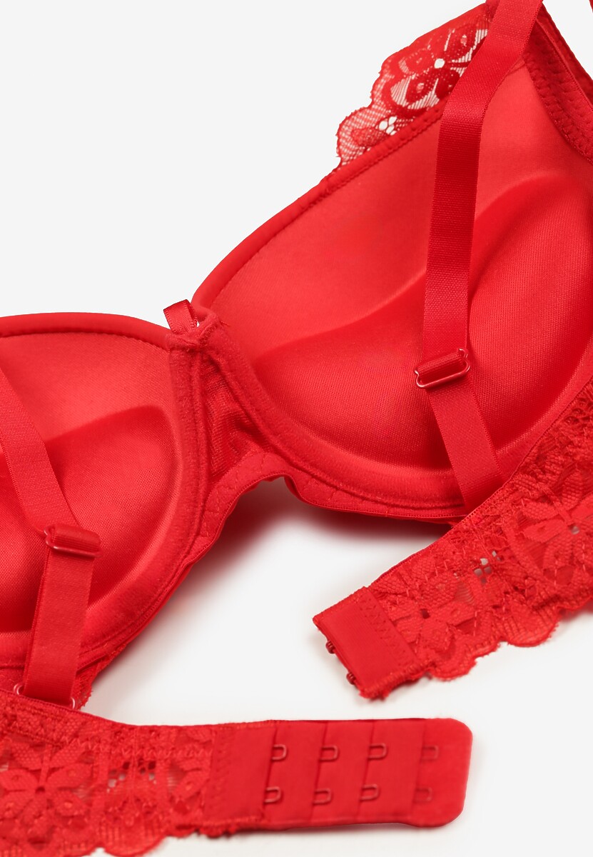 Czerwony Biustonosz z Efektem Push Up Ozdobiony Koronką Ivmeria