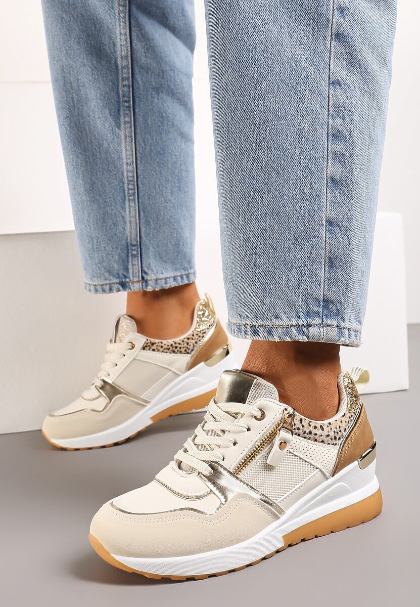 Beżowo-Brązowe Sneakersy na Niewysokim Koturnie Ozdobione Suwakiem i Wstawkami Liorrama