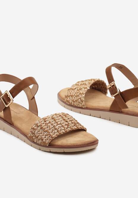 Brązowe Sandały na Płaskiej Podeszwie z Plecioną Paskiem Jutowym Tesarine