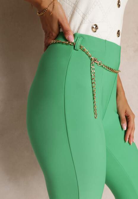 Zielone Materiałowe Spodnie Dzwony z Ozdobnym Łańcuszkiem Amelana
