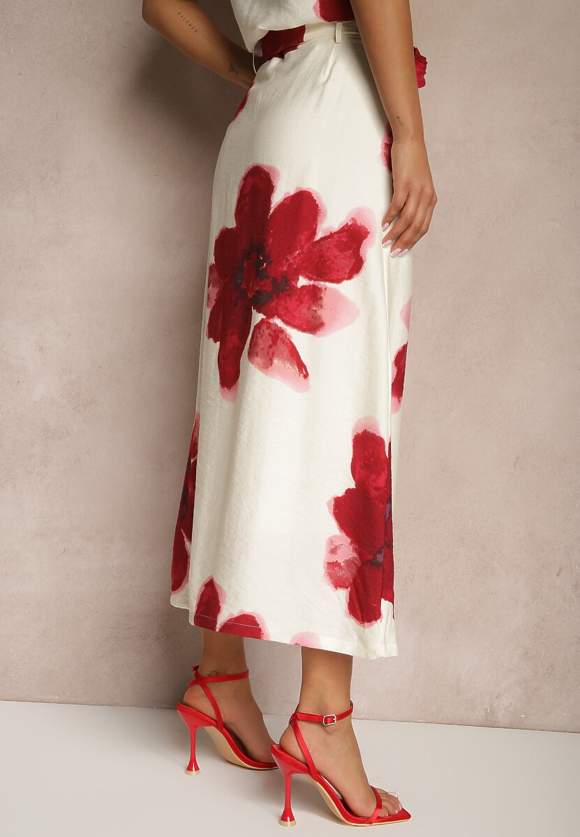 Czerwona Wiskozowa Kwiatowa Spódnica High Waist z Ozdobnym Paskiem i Guzikami Helseli