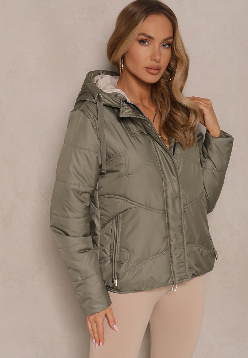 Brązowa Kurtka z Pikowanymi Przeszyciami i Kapturem Zdobiona Sznurkami Evivienne