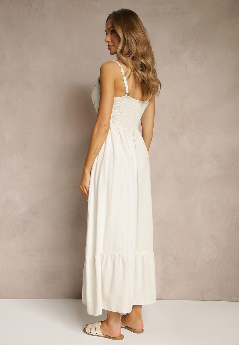 Beżowa Sukienka z Wiskozą i Lnem z Kopertowym Dekoltem Ozdobiona Haftem Sollio