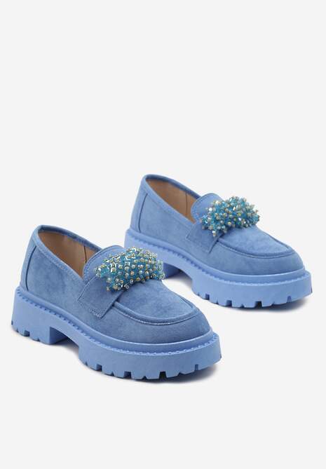 Niebieskie Mokasyny z Aplikacją z Biżuteryjnych Koralików Viatalia