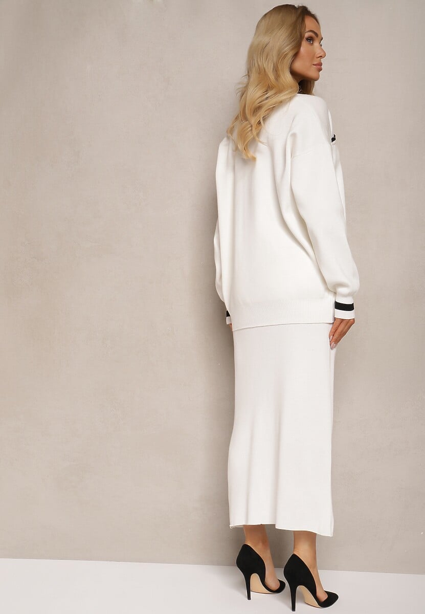 Biały Wiskozowy Komplet Kardigan na Guziki z Lamówką i Dopasowana Spódnica Tamorin