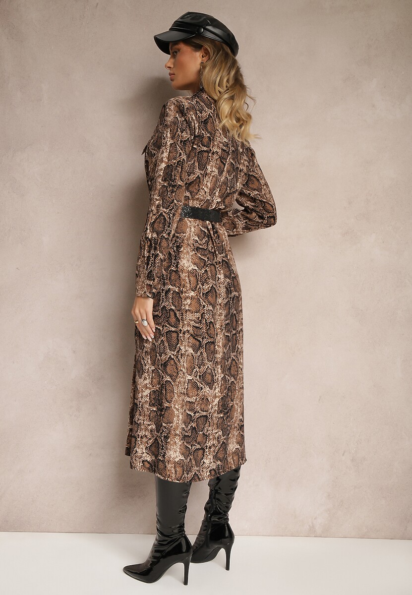 Brązowa Sukienka z Wiskozy o Koszulowym Kroju z Paskiem Zdobiona Wężowym Printem Norinna