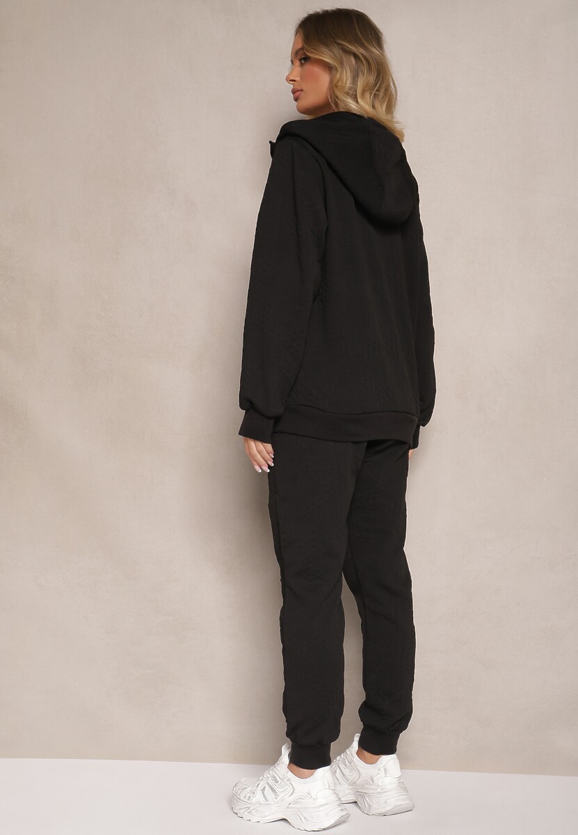 Czarny Komplet Dresowy Zdobiony Tłoczeniem Bluza z Kapturem i Joggery Tuseira