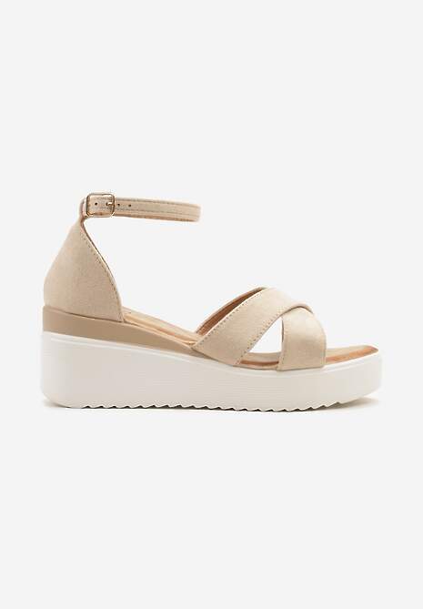 Beżowe Sandały Zapinane wokół Kostki na Platformie i Koturnie Effitza