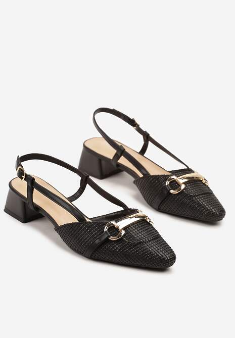 Czarne Sandały na Słupkowym Obcasie Zdobione Tweedem i Aplikacją Nilioris