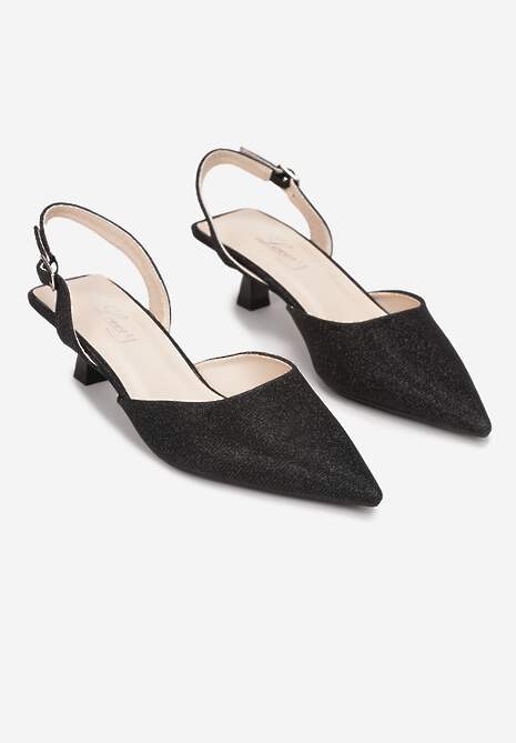 Czarne Czółenka na Obcasie Kaczuszka z Kwadratowym Noskiem i Brokatem Vaishnavi