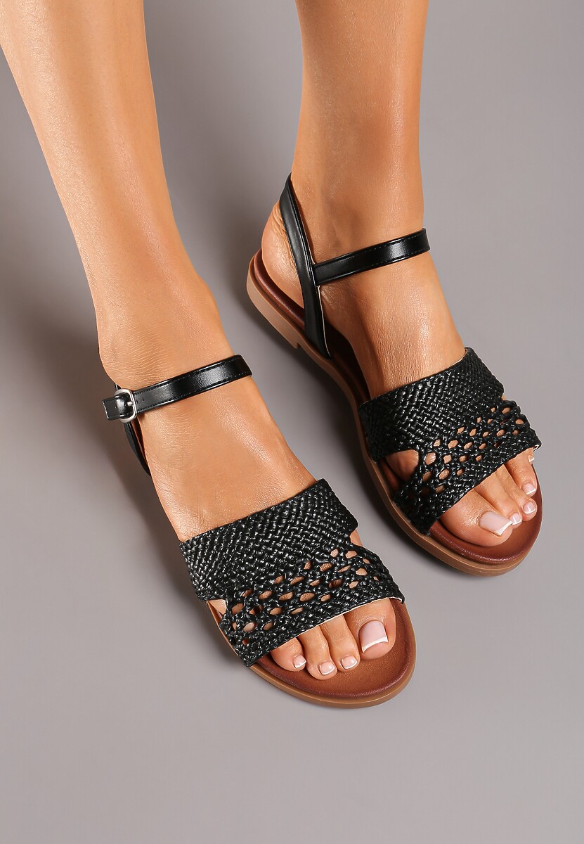 Czarne Płaskie Sandały Zapinane na Sprzączkę Zundia