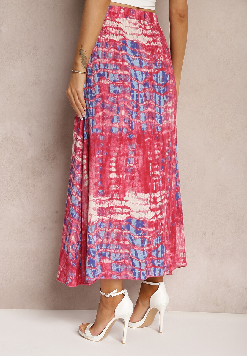 Różowa Rozkloszowana Spódnica z Wiskozy z Nieodpinanymi Ozdobnymi Guzikami Zafina