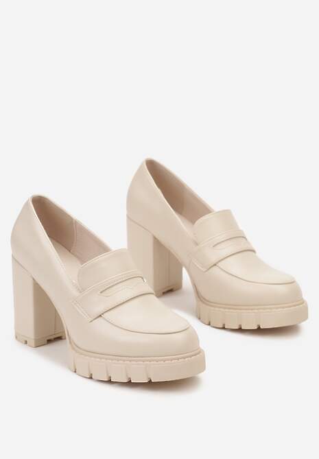 Beżowe Półbuty z Imitacji Skóry na Słupku z Platformą z Okrągłym Noskiem i Przeszyciami Dravinnia