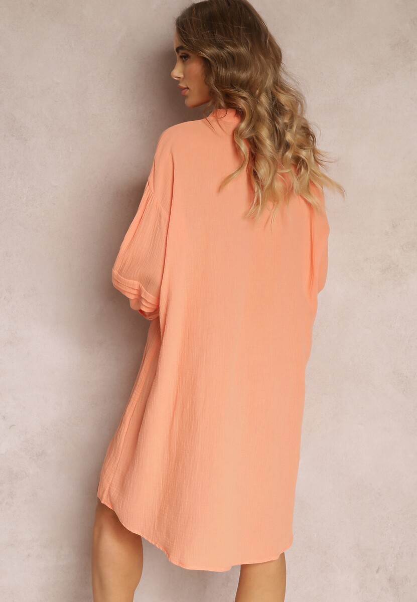 Pomarańczowa Sukienka Mini z Bawełny z Ozdobnymi Rękawami i Wiązaniem przy Dekolcie Shamika