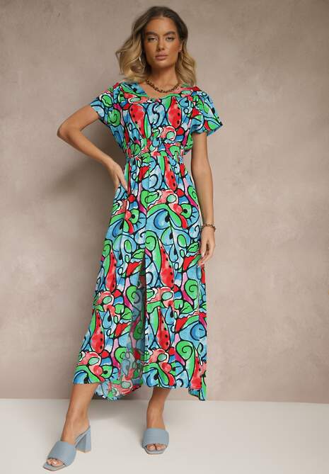 Niebieska Sukienka z Bawełny w Abstrakcyjny Wzór Emisienna