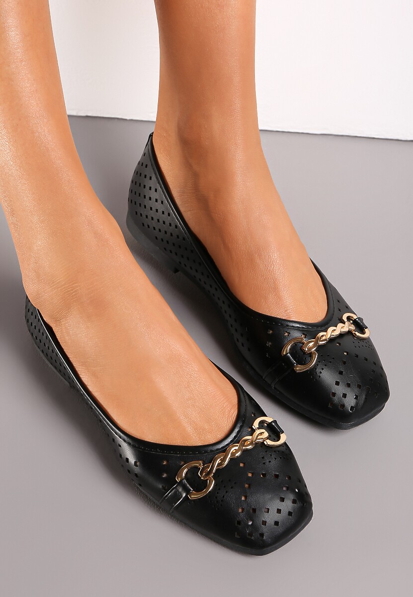 Czarne Ażurowe Balerinki z Klamerką Radwaina